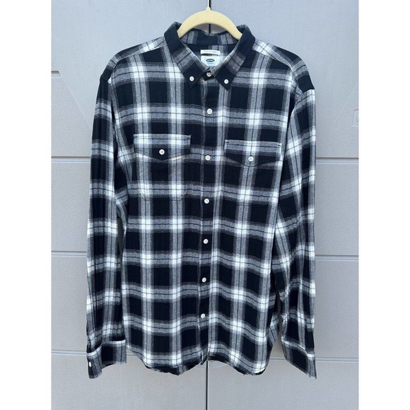 OLD NAVY Men's Slim Plaid Button Up BLACK Shirt Long Sleeve Light Flannel Sz XL - Picture 1 of 7